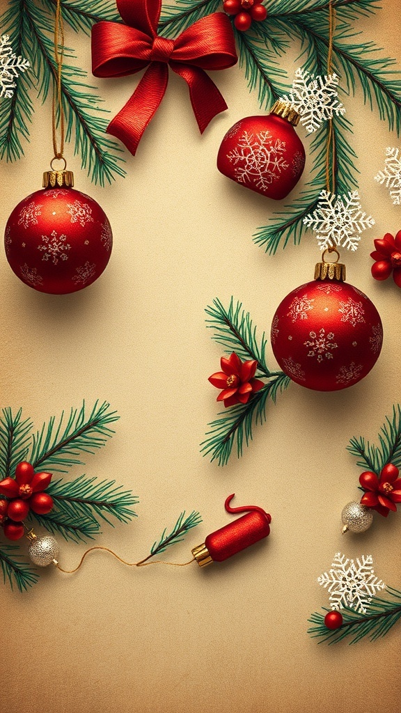 Vintage Christmas aesthetic wallpaper with ornaments and snowflakes in warm colors.